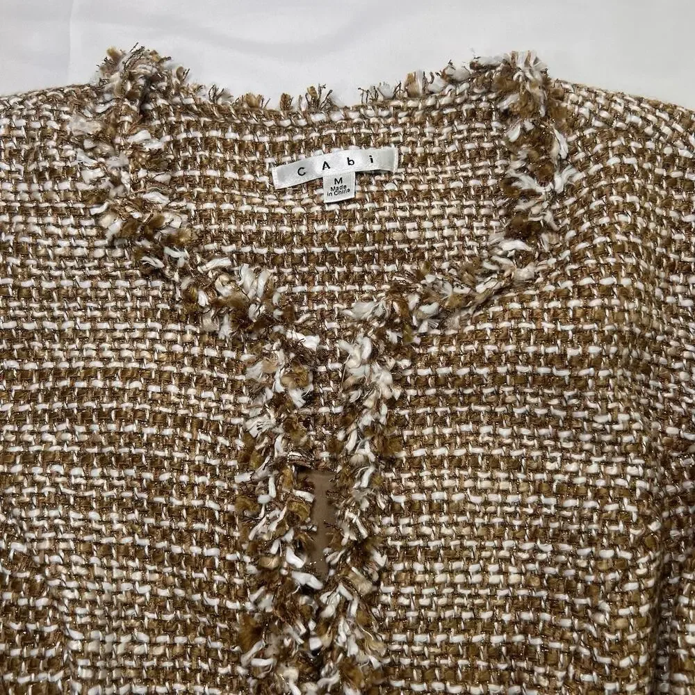 Cabi Phoebe Jacket Size M Brown White Metallic Tweed Fringe Blazer Style 343